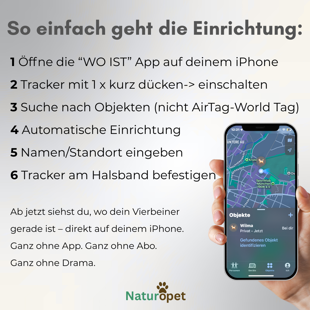HIERistMeinHund - der leichte Tracker, der dir zeigt, wo dein Hund ist – ganz ohne Abo oder App.