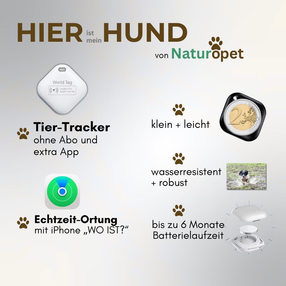 HIERistMeinHund - der leichte Tracker, der dir zeigt, wo dein Hund ist – ganz ohne Abo oder App.