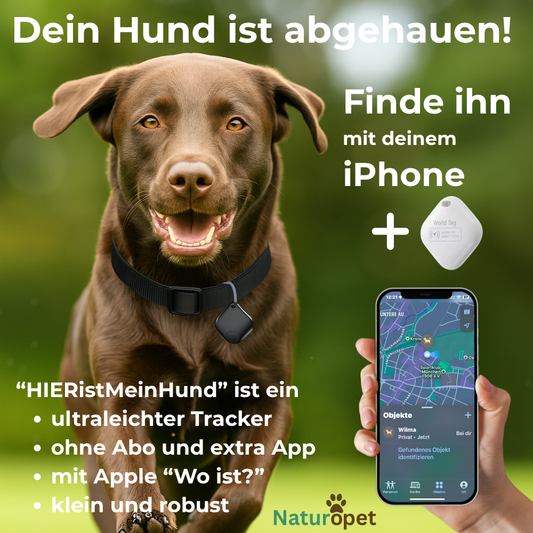 HIERistMeinHund - der leichte Tracker, der dir zeigt, wo dein Hund ist – ganz ohne Abo oder App.